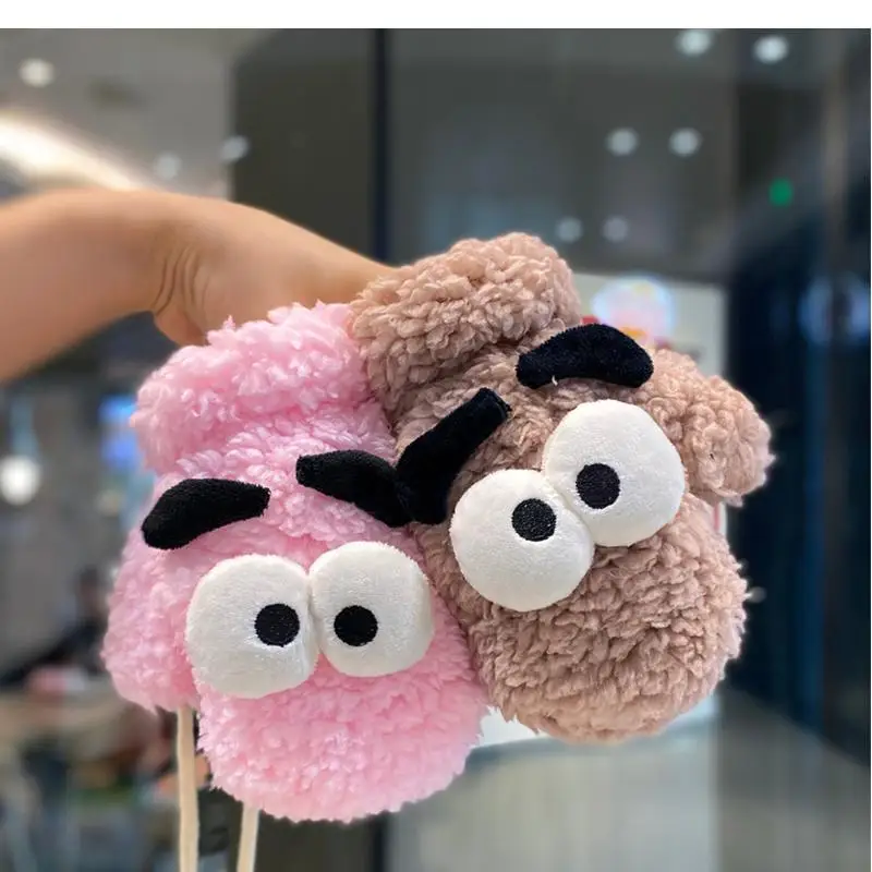 الشتاء الاطفال فروي شنقا الرقبة قفازات الطفل سميكة فو الفراء القفازات الكرتون لطيف الدب أفخم قفازات