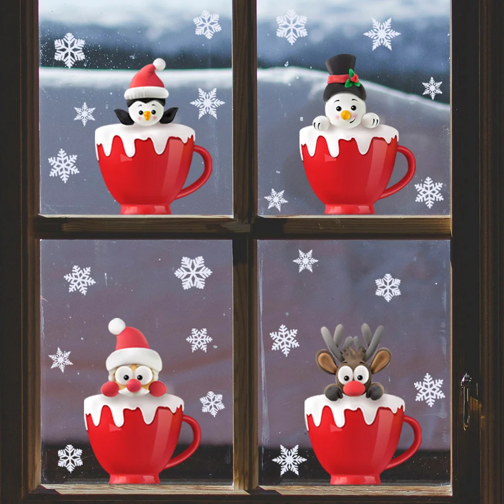 Christmas Mug Pattern Wall Stickers Snowflake Electrostatic Decals New Year Home Decor Mural Glass Window Decoration Wallpaper