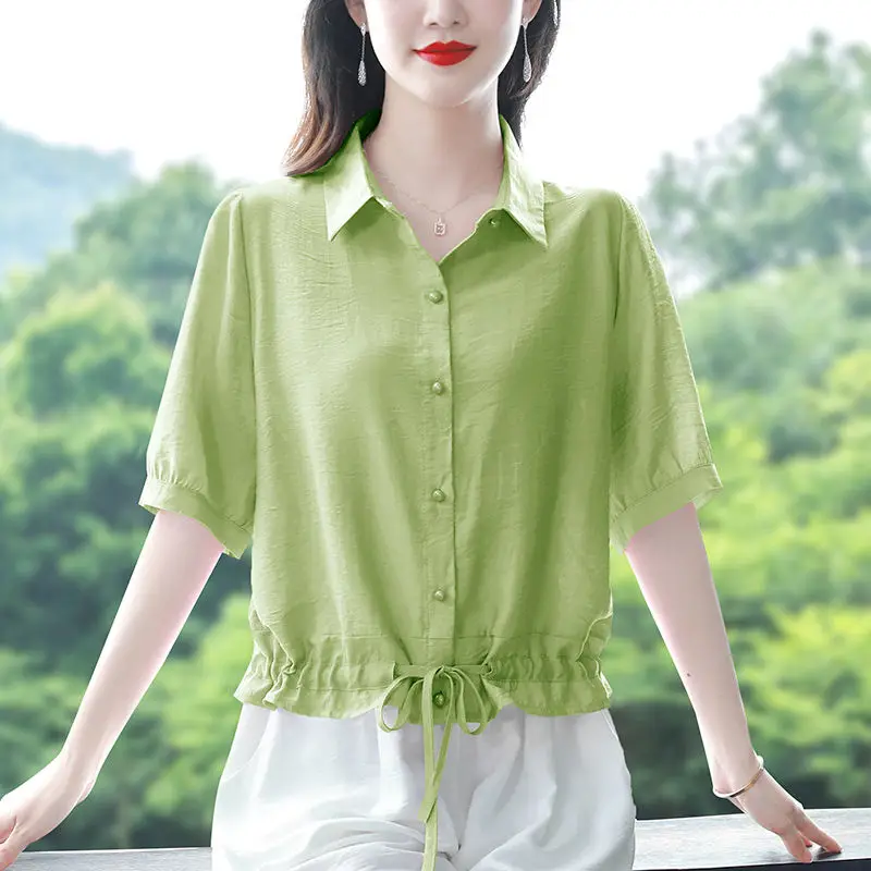 Simplicity Office Lady Summer Women's POLO Collar Solid Single Breasted Shirring Fashion Versatile Loose Short Sleeve Shirts Top