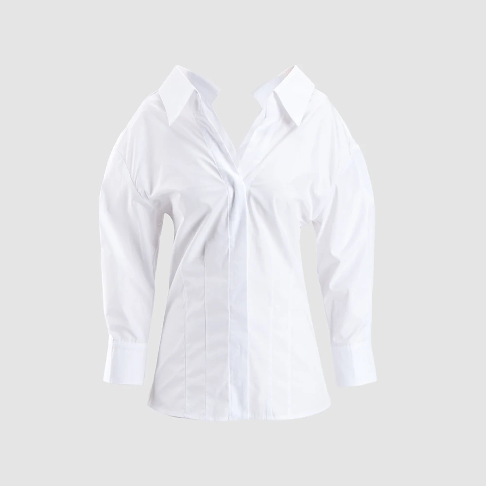 

Элегантная женская блузка с открытыми плечами и V-образным вырезом, длинный рукав, 100% хлопок, повседневный стиль Y2K, новинка 2026 года