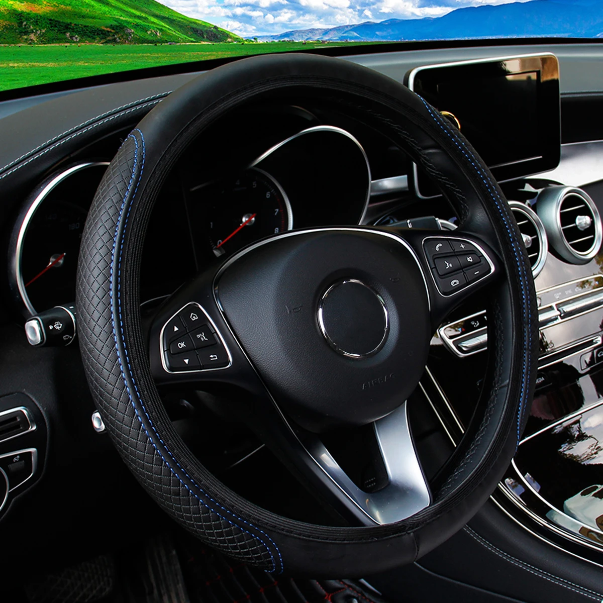 A leather embossed stereo massage car without inner ring steering wheel cover fits 37-38cm14.5-15 inch car upholstery - Image 4
