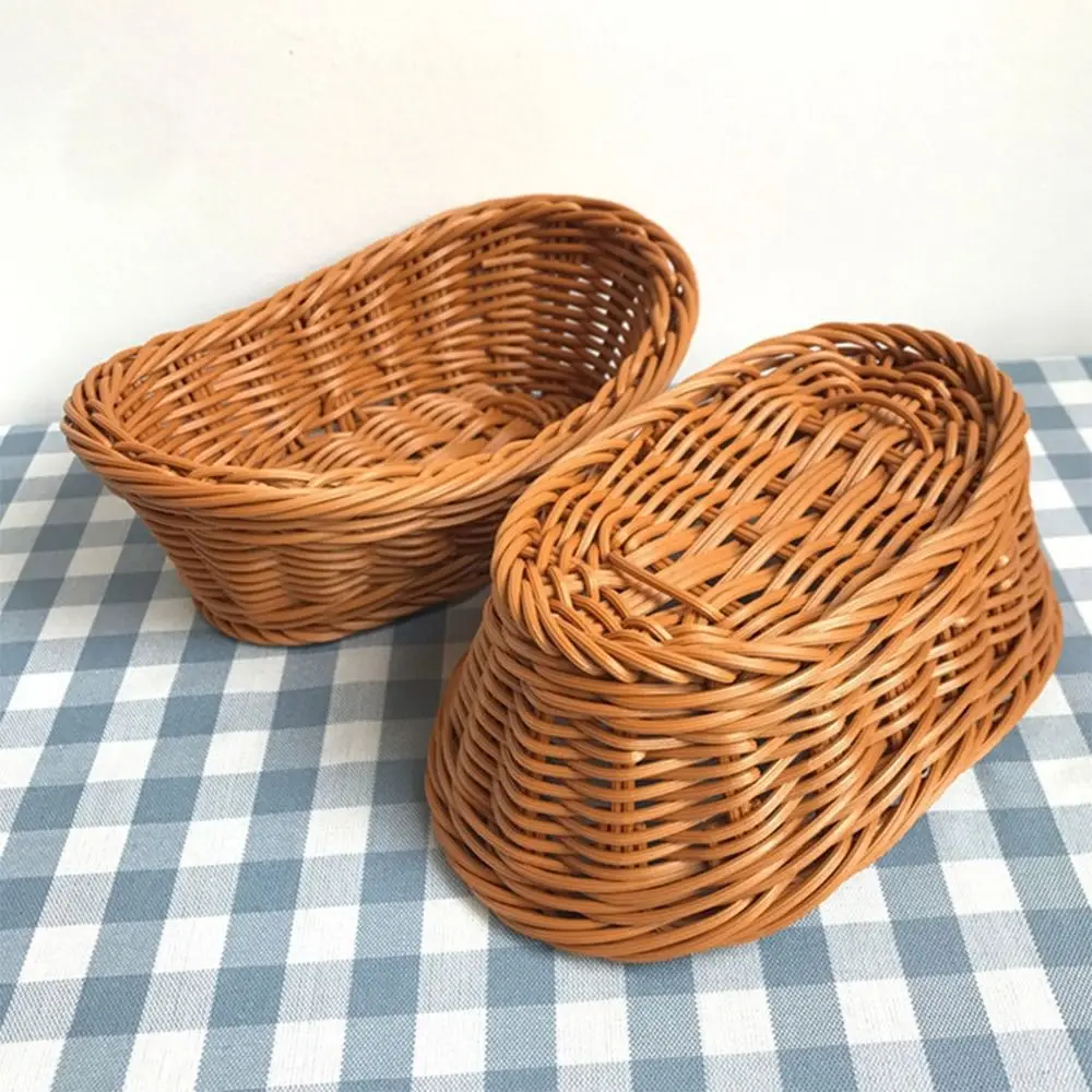 Imitate Rattan Kitchen Storage Basket Creative Brown Oval Bread Tray Living Room Vegetable Fruit Flower Organization Box