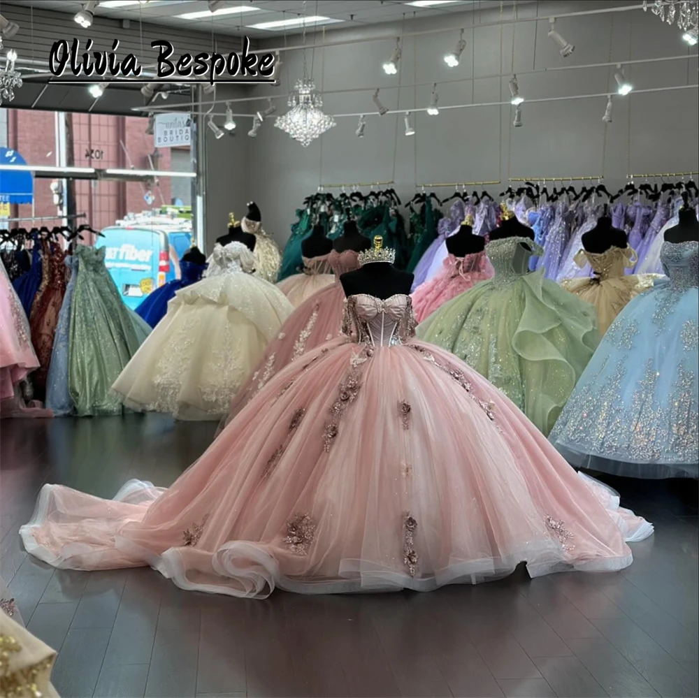 

Роскошные розовые платья Quinceanera с открытыми плечами, кружевное бальное платье с аппликацией из бисера, эффектное бальное платье для выпускного вечера 16