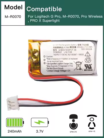 3.7V 240mAh Battery for Logitech G Pro, GPW 1 2, M-R0070, Pro Wireless, PRO X Superlight, AHB521630PJT-04