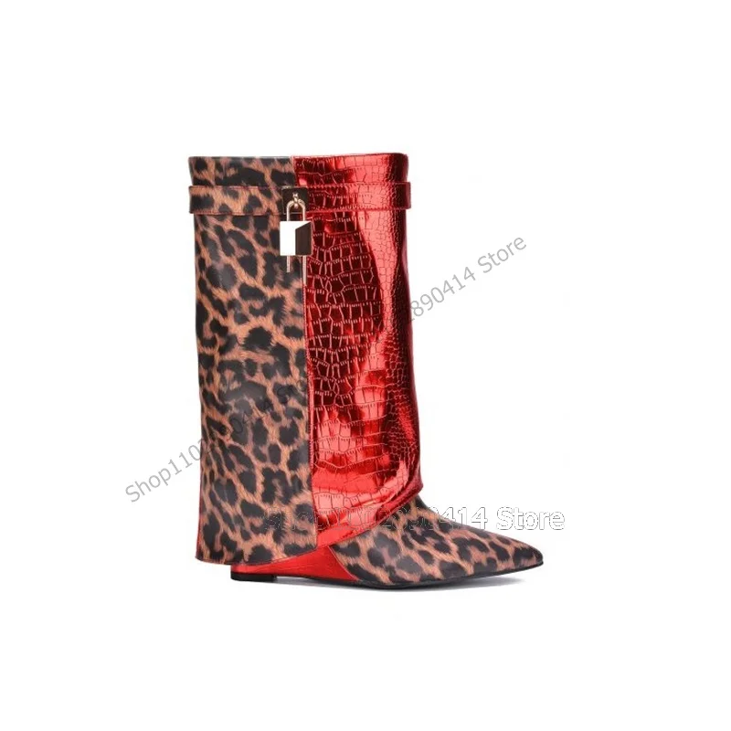 

Leopard Crocodile Print Lock Decor Pointed Toe Boots Turned Over Women Shoes Wedges Heels Fashion Party 2023 Zapatos Para Mujere