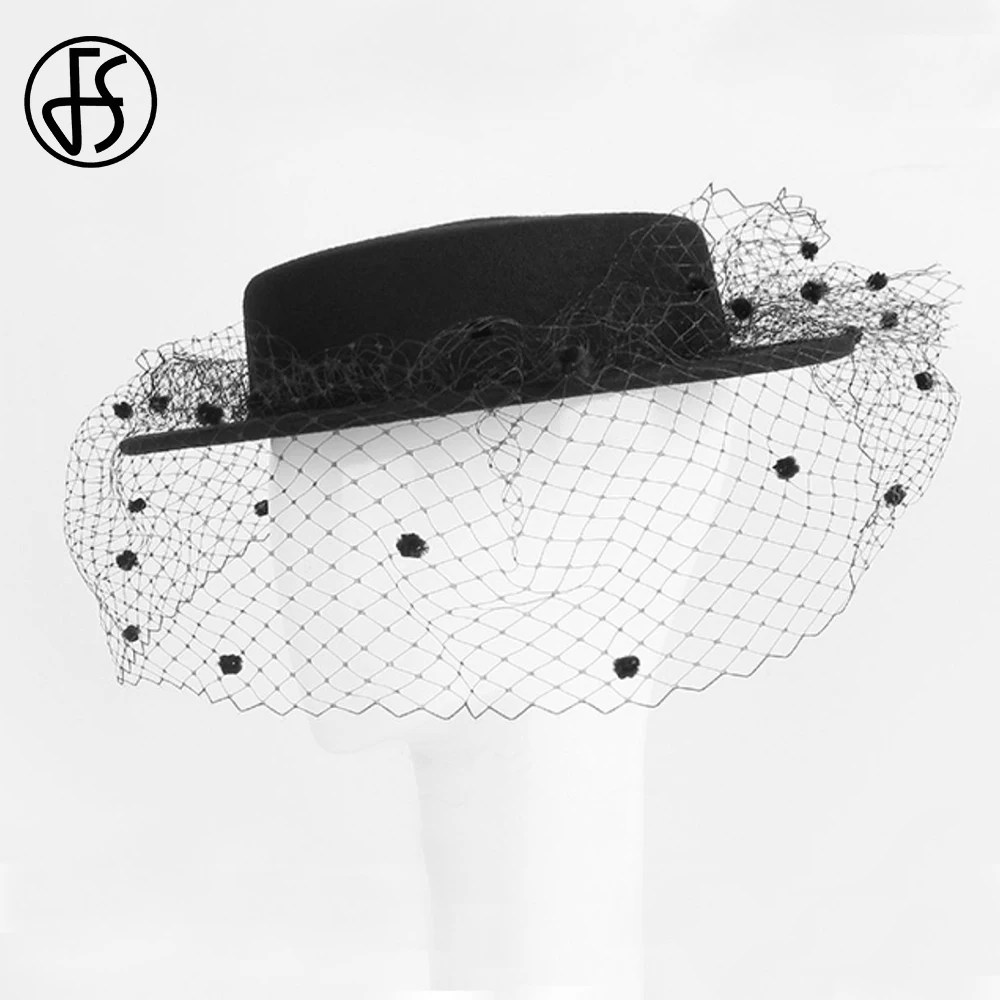 FS Female Vintage Black British Top Hats For Women With Veil Elegant Church  Formal Cap Ladies Cocktail Tea Party Millinery 2024