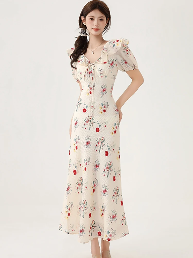 

Summer Floral Chic Bow Ruffled V-Neck Long Dress 2025 Korean Fashion Elegant Holiday Dress Women Bodycon Party Dress and Events