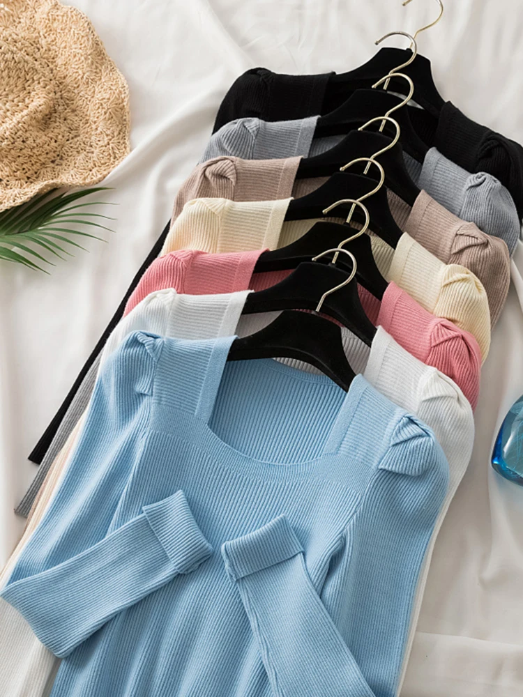 

2025 new women sweater sqaure collar long sleeves elastic Autumn Winter sweaters solid sexy Female Knitted pullover slim tops
