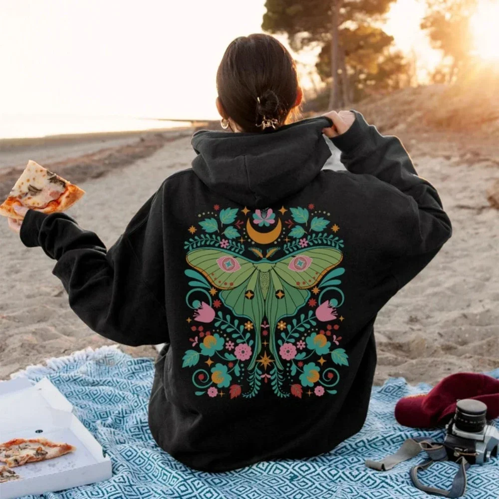 Moth Hoodie Luna Moth Sweatshirt Dark Academia Clothing Cottagecore Top Witchy Sweater Insect Tshirt Bug Goblincore Moon Phases