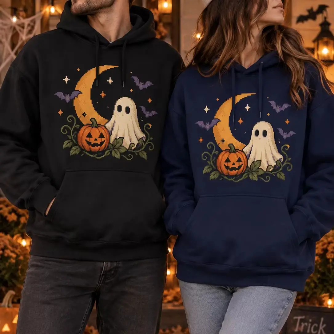 Cute Halloween Hoodie Custom Graphic Sweatshirt Ghost Pumpkin Pixel Design Couple Pullover Casual Winter Gift Men Women