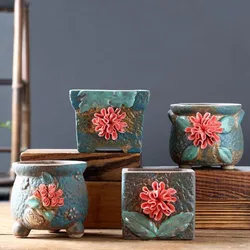 Coarse Pottery Relief Flower Ball Bonsai Pot Succulent Plant Pot Vase Breathable Flowerpot Desktop Ornaments Home Decoration