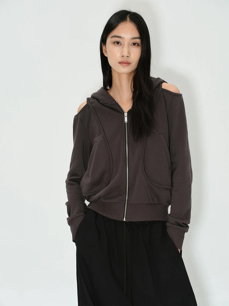 

Rollingage oulder-baring Deconstructed ort Hoodie Loose Versatile Zipper Thi Outerwear Women's Casual Faion Sweatirt