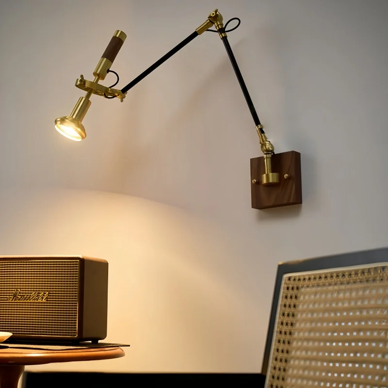 

Nordic Vintage Copper Wall Lamp 360 Degree Adjustable Long Swing Arm Walnut Base Wall Mounted Bedroom Bedside Sconce Lights