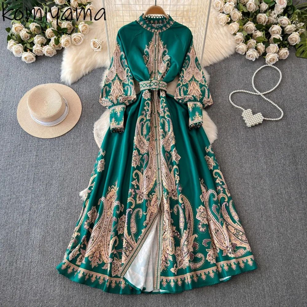 Court Big Swing Vestidos Mujer Print Single Breasted Women Dresses Stand Collar Lantern Sleeve Dress Belt Vestido 2024 Robes