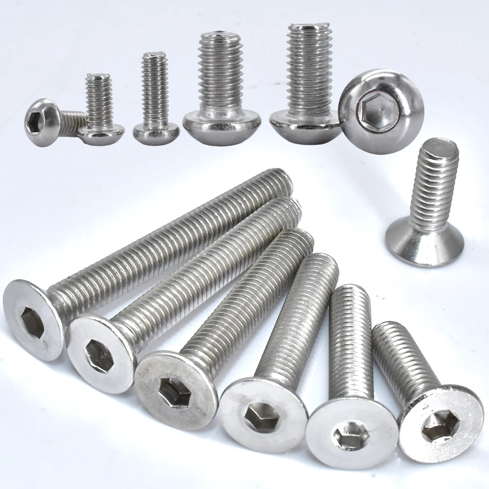 304 Stainless Steel Hex Socket Screws M2 M2.5 M3 M4 M5 M6 M8 Round Head and Countersunk Head Screw Machine Bolts 3/5/10/30/50pcs