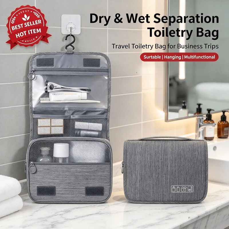 Oxford Fabric Hanging Travel Wash Bag, Waterproof Cosmetic Toiletry Organizer Pouch for Men Women Business Trip