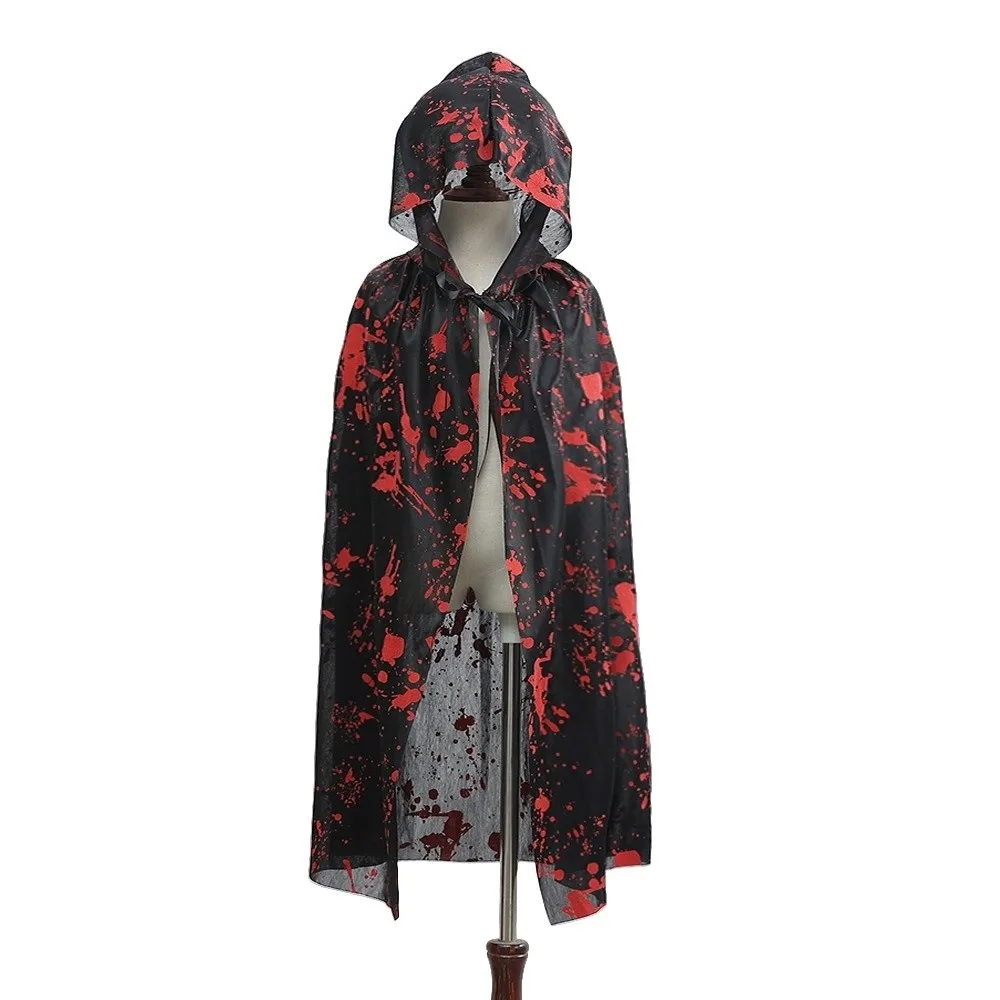 Casual Bloodstain Halloween Costume Cosplay Props Funny Plaid Halloween Death Cloak with Cap Dark Party Spider Web Cape Kids