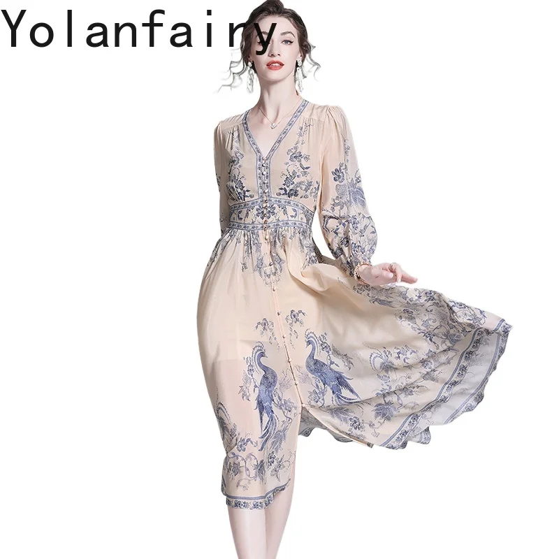 

YOLANFAIRY Top Quality 100% Natural Mulberry Silk Women Dress Autumn Elegant Long Sleeve Birthday Dresses Luxury 2025 Long Dress