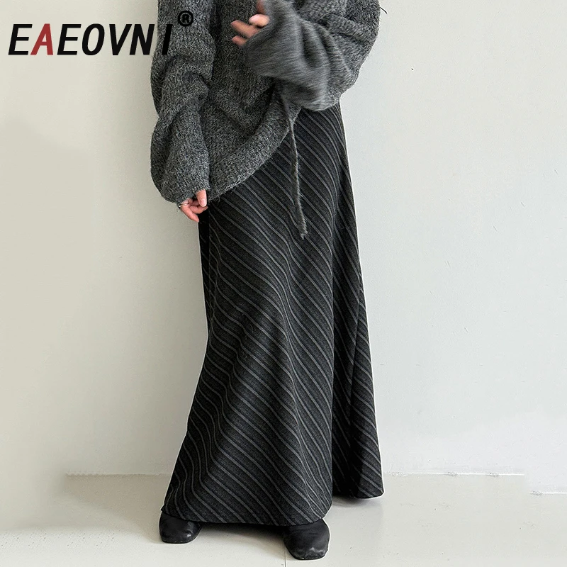 

EAEOVNI Autumn Winter Woolen Long Skirt Women Elegant High Waist Striped Desing A Line Fashion Skirts Office Lady Clothing