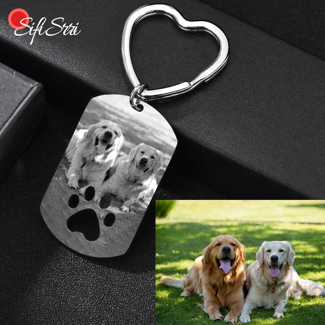 Sifisrri Personalized Engraved Dog Photo Name Date Pet Paw Keychain Women Stainless Steel Key Ring Drive Safe DIY Jewelry Gift