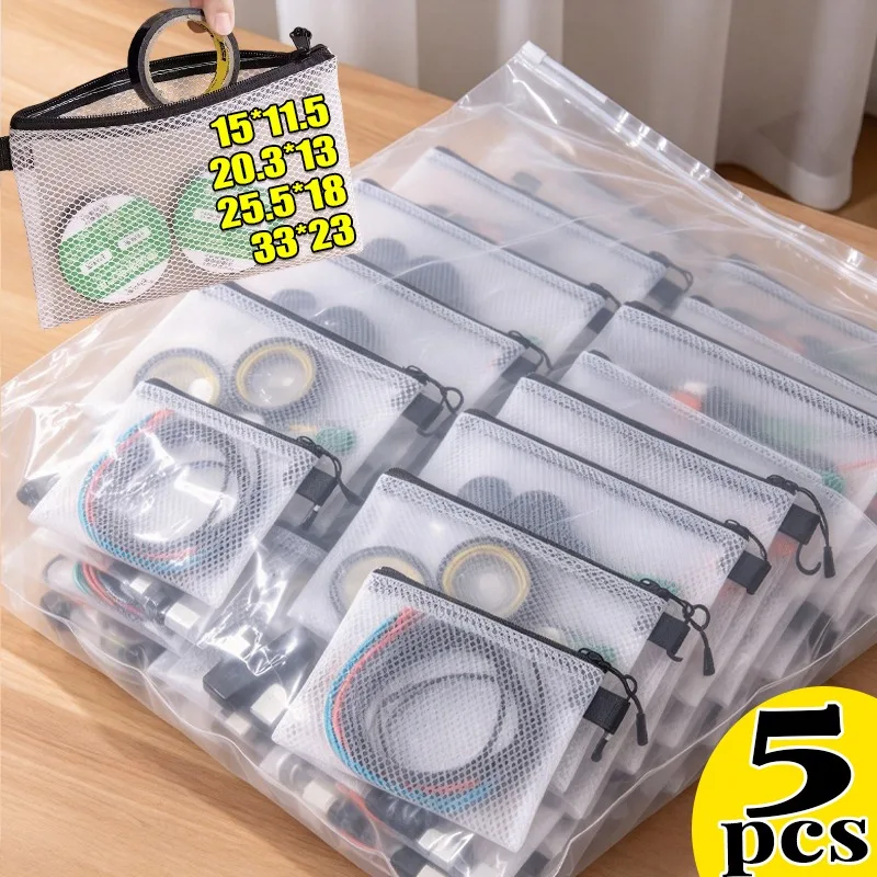 Multi-Purpose Waterproof Mesh Bag with Zipper 4Size Durable Organizer Pouches for Home Office Travel Electronic Cable Storage