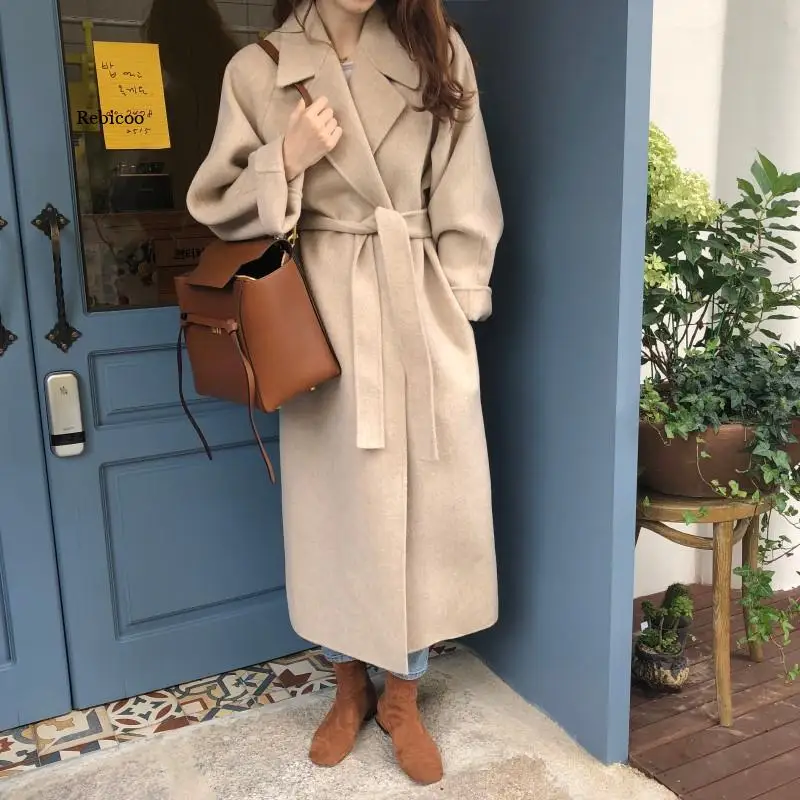 

New Spring Women Elegant Turn-down Collar Woolen Long Coat Vintage Solid Warm Outwear Empire Slim Coat with Belt