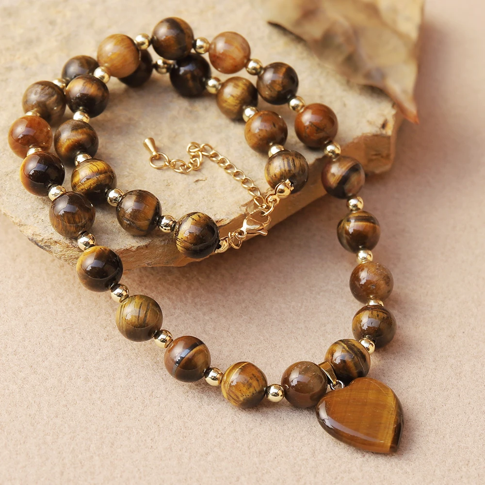 قطعة واحدة من قلادة قلب مطرزة على الطراز البوهيمي مع خرز عين النمر المستدير وخرز ذهبي، هدية رائعة مناسبة لجميع المواسم #1