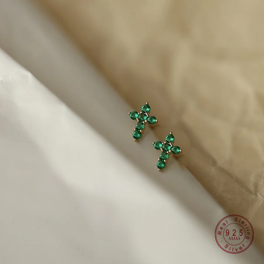 925 Sterling Silver Electroplated 14K Gold Green Zircon Cross Earrings for Women French Retro Temperament Ear Accessories