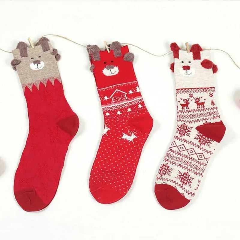 Women's Socks Christmas Winter Autumn Kawaii Cotton Beige Red Khaki Girls Cute Sock for Woman DDT113