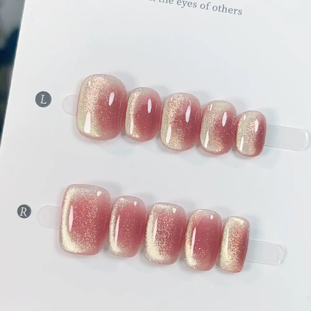 

10 шт. розовых накладных ногтей с эффектом кошачьего глаза, ручной работы, милые, простые, съемные, искусственные ногти, накладные ногти, Uñas Mujer, 네일팁