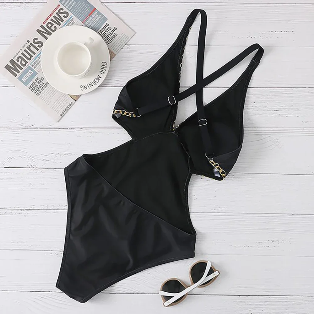 2023 New Black Print One-Piece Swimsuit Women Sexy V-Neck Hollow Out Bodysuits Monokini Femal Beach Bathing Suits Swimwear