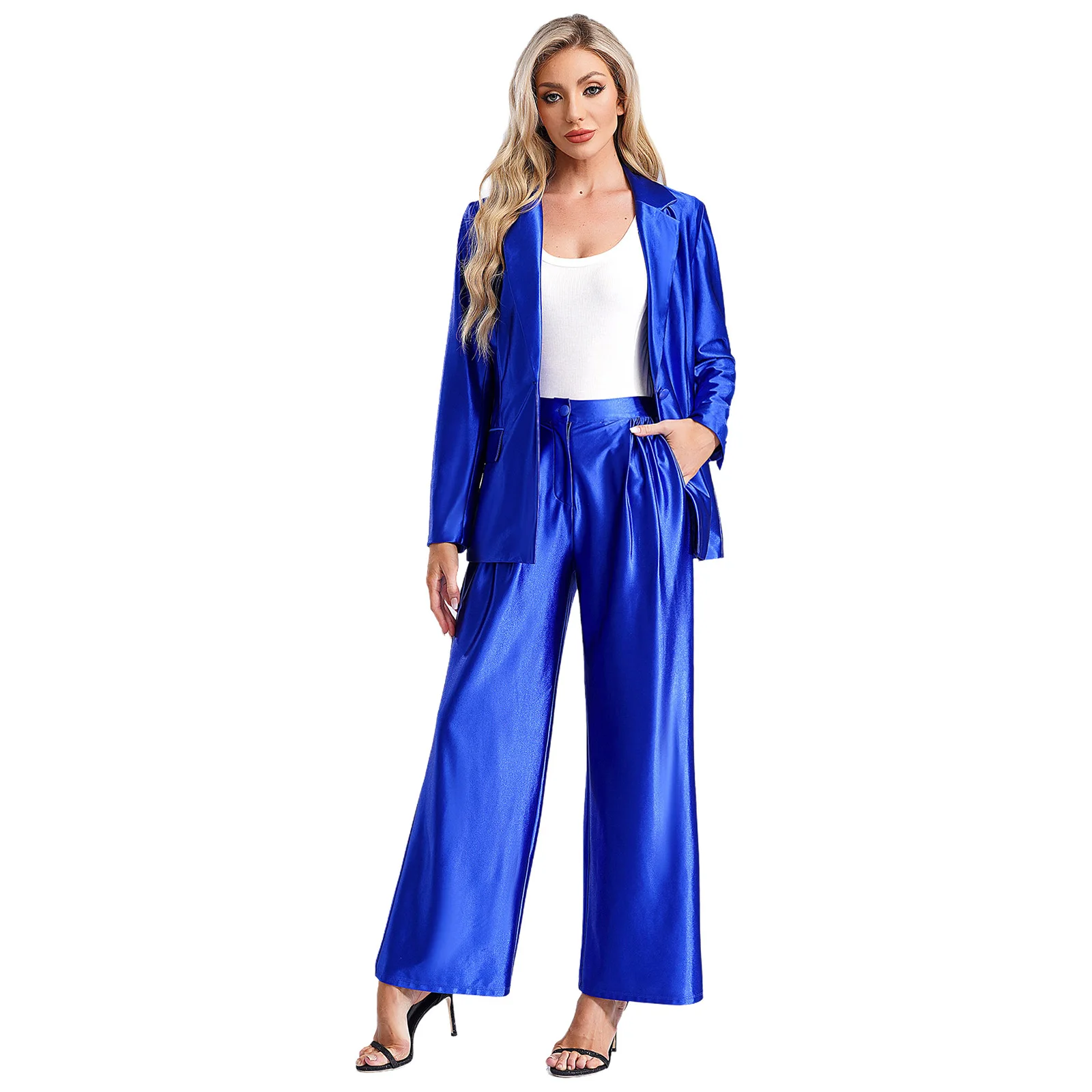 Women Elegant Suit Solid Color Long Sleeve Lapel Blazer Coat Outerwear with High Waist Pants for Work Business Formal Occasions