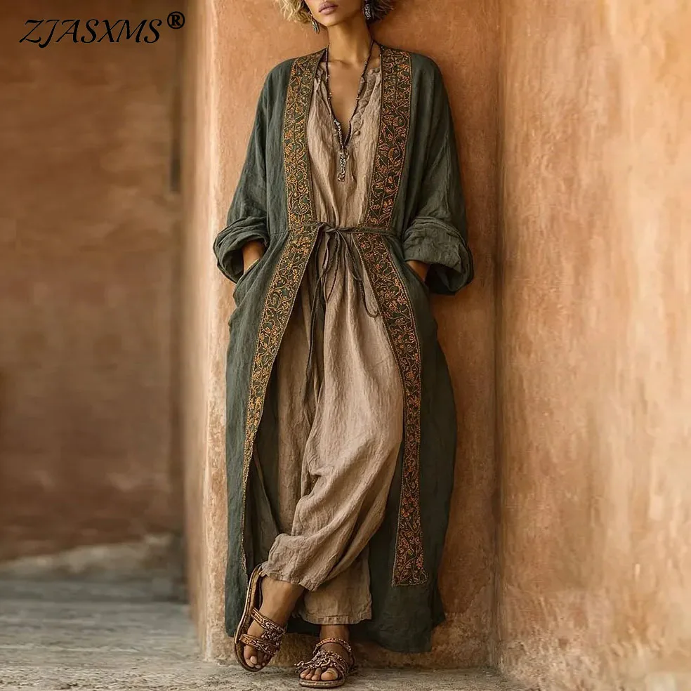 Conjunto de 2 piezas holgado con cinturón para mujer, kimono largo étnico holgado + mono con cuello en V, conjunto de ropa casual de playa y calle para vacaciones.