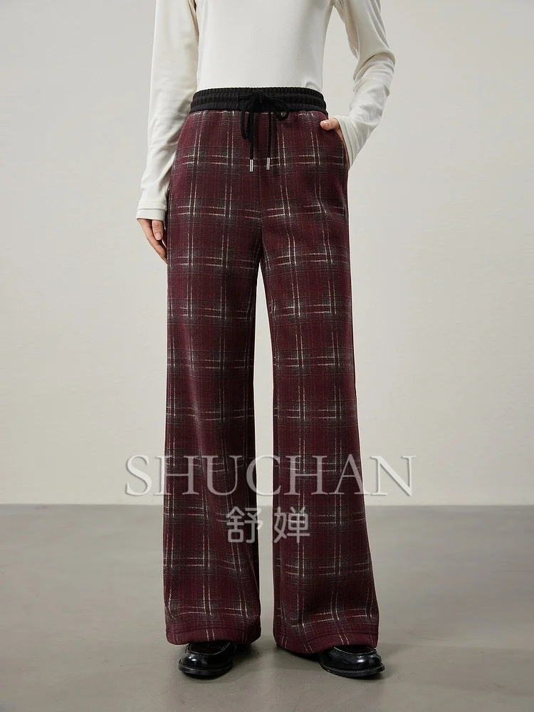 Plaid Modern Retro, British-colored Pattern, Velvet Drawstring Elastic Waist Casual Wide-leg Pants. Streetwear Women Sweatpants