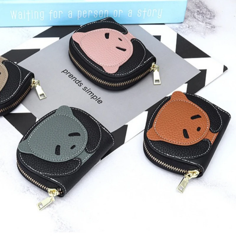 

2026 New Women's Bear Shape Genuine Leather Card Holder, Zippered Multi-Card Slots Cards Bag Brand Women Small Coin Purses