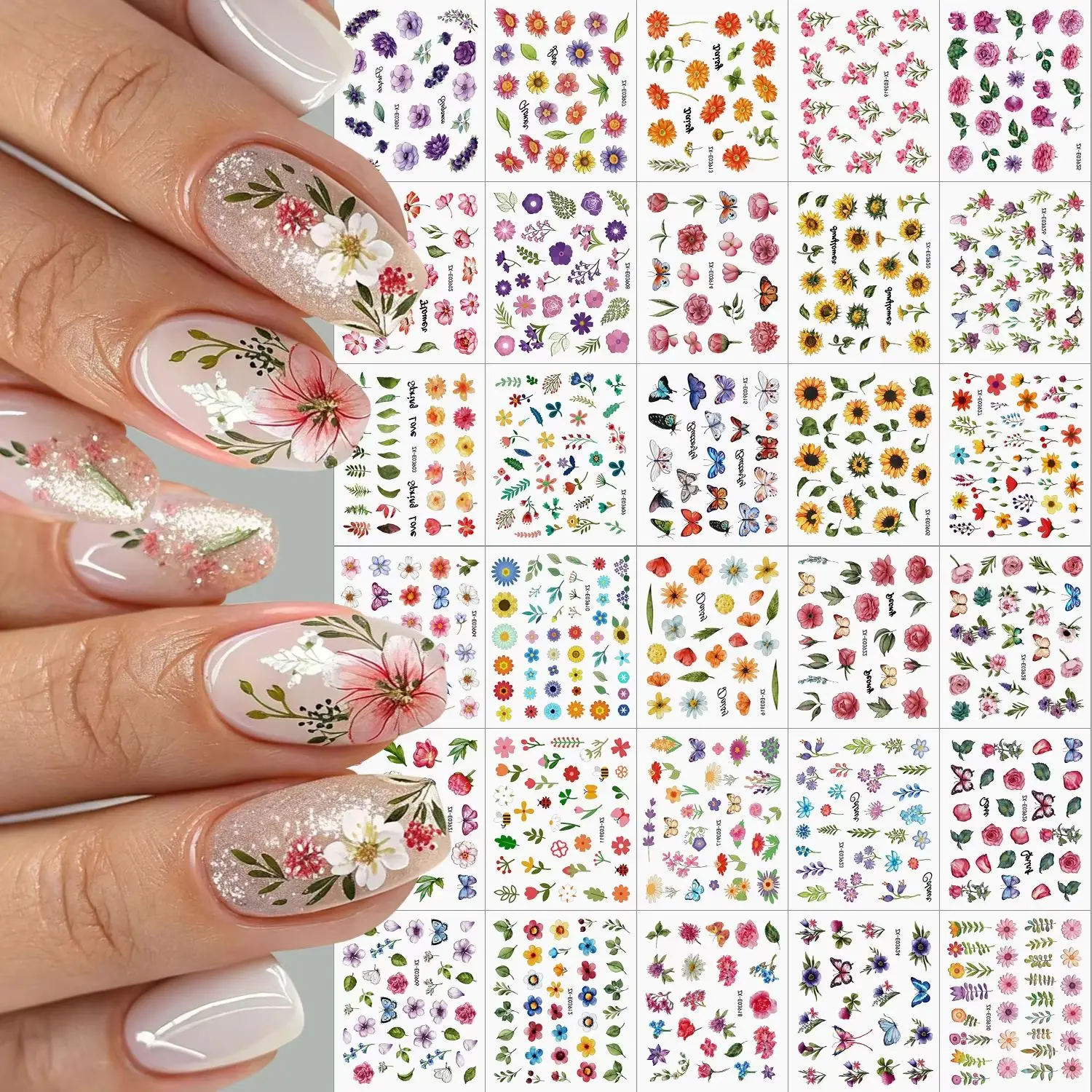 Nail Art France - 30PCS Papatya ve Gül Tırnak Çıkartmaları