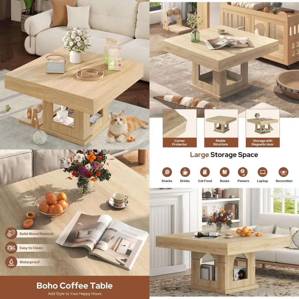 

Stylish Square Coffee Table with Storage and Cat House, Bohemian Farmhouse Cocktail Table for Living Room