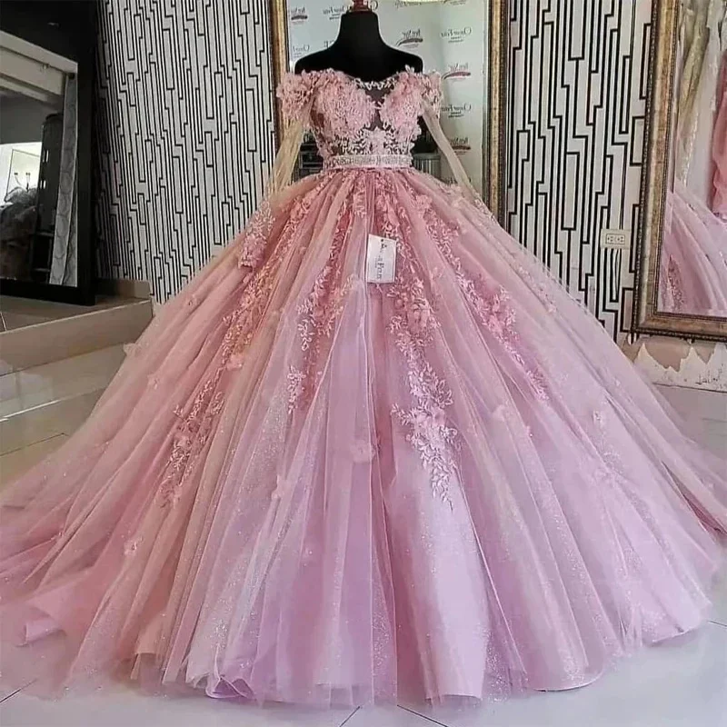 Sparkly Pink Beading Birthday Party Prom Long Sleeves Lace Quinceanera Dresses Formal Evening Vestidos De 15 Anos Customized