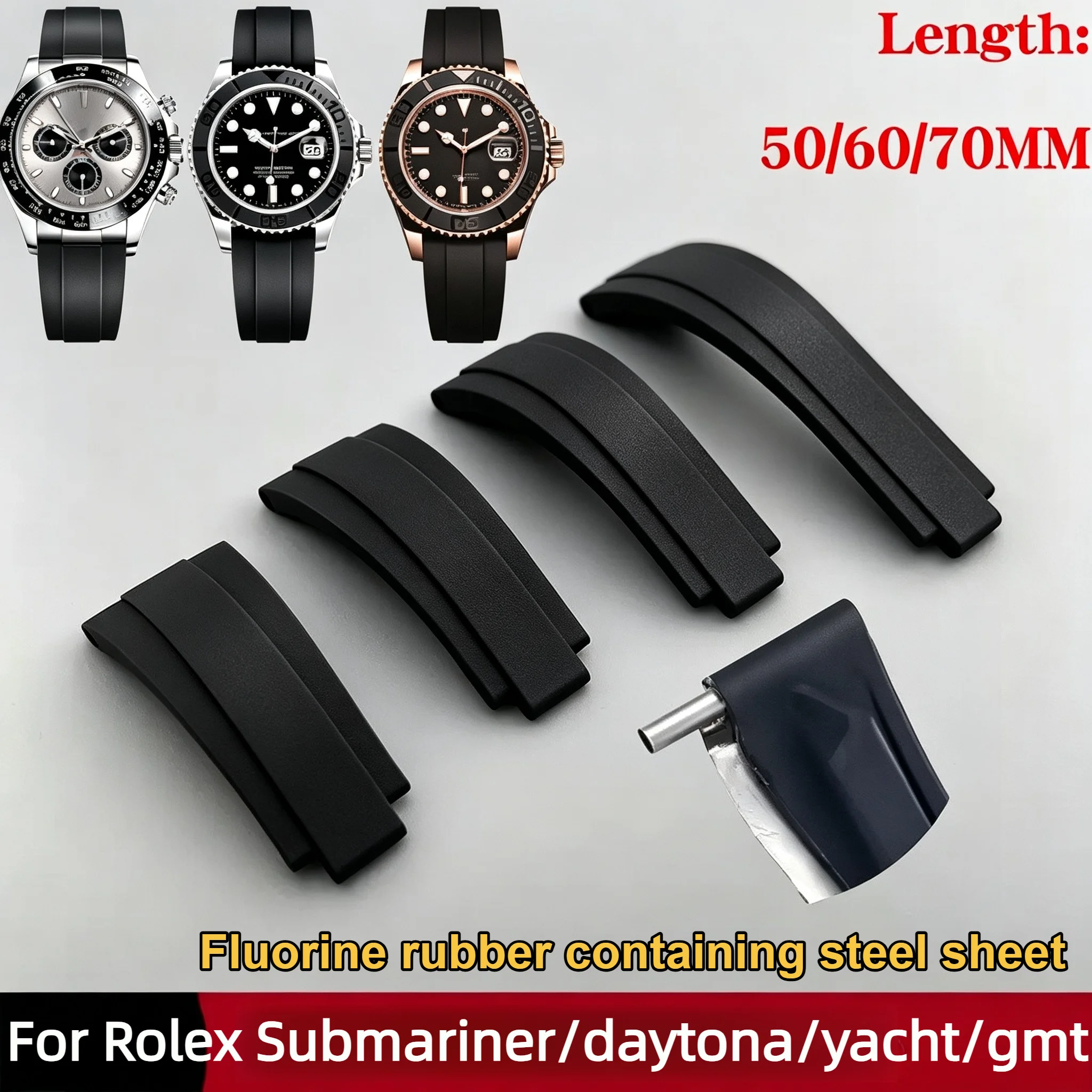 50/60/70mm 20mm Men Fkm Rubber Watch Strap For Rolex Daytona Water Ghost Yacht Gmt Built In Steel Watchband Fine-tune fold clasp