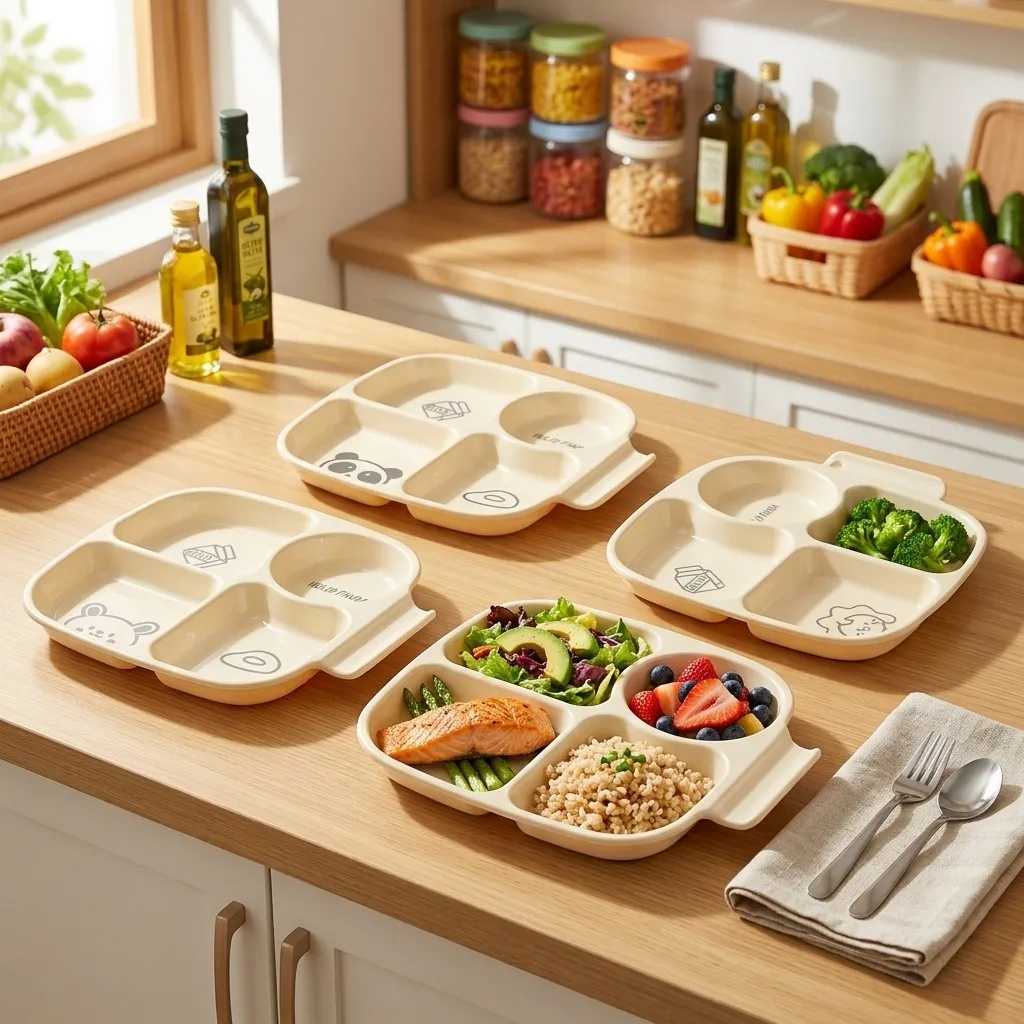 4 Compartment Divided Plate Portion Control Plastic Plates for Adults Kids Reusable Food Tray Kitchen Tableware Dish with Handle