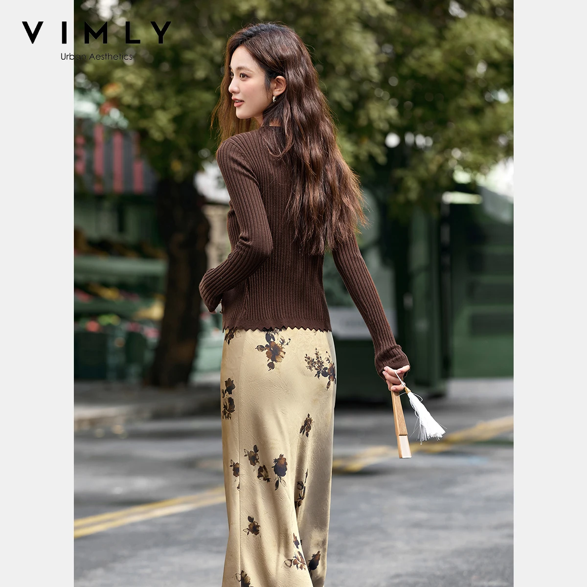VIMLY 女性ドレスセット 2 枚秋 2025 ブラウンニットスリムカーディガンロングサスペンダードレスエレガントな女性のスーツ A2396