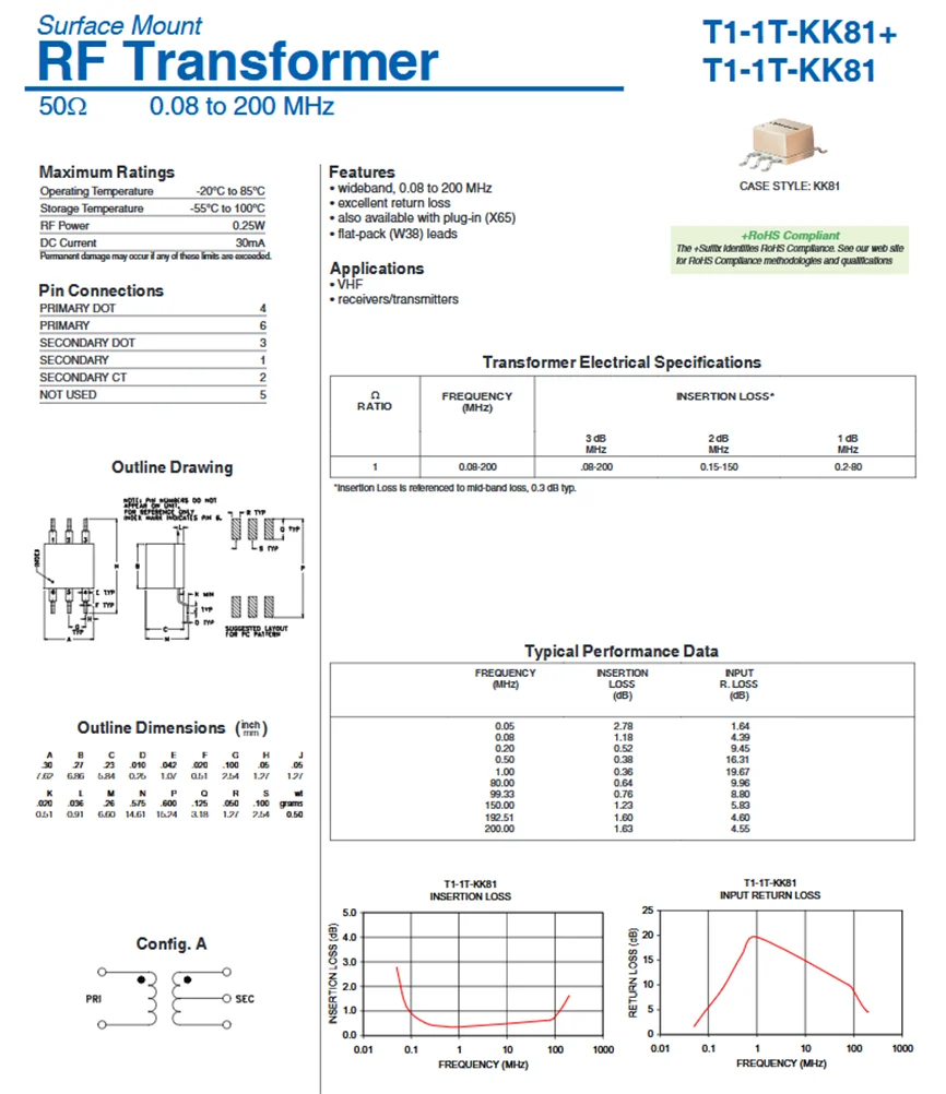 2 قطعة T1-1T-KK81 + RF Balun محول تردد النطاق العريض 0.08-200 ميجا هرتز محول إشارة 50ohm 50Ω SMT سطح جبل T1-1T KK81