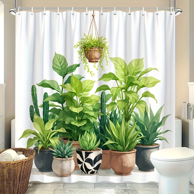 1pc Large 70.8x70. Shower Curtain with Greenery, Succulents, Cacti & Mediterranean Plants - Botanical Desert Design, White Backg