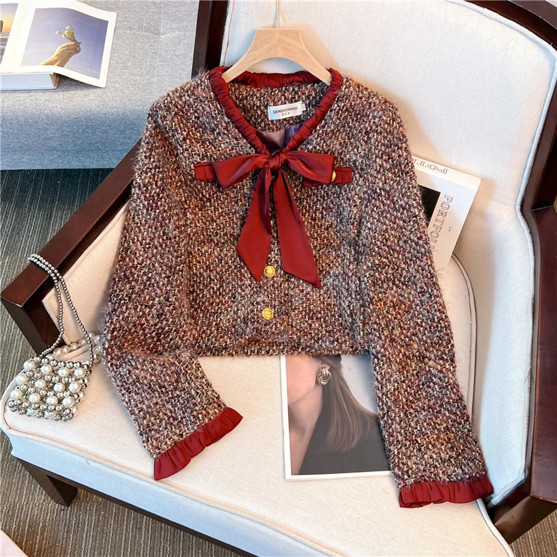 2025 New Bow Lace-Up Autumn Winter New Woolen Jackets Fashion Foreign Style Age-Reducing Short Coat