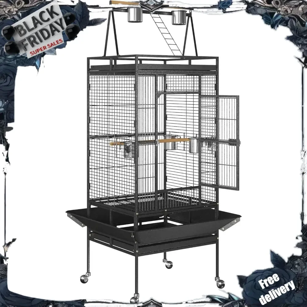 68-Inch Birdcage, Playtop Parrot Cage, Wrought Iron Bird Cage with Rolling Stand, Heavy-Duty Pet Bird House for Parrot Cockatiel