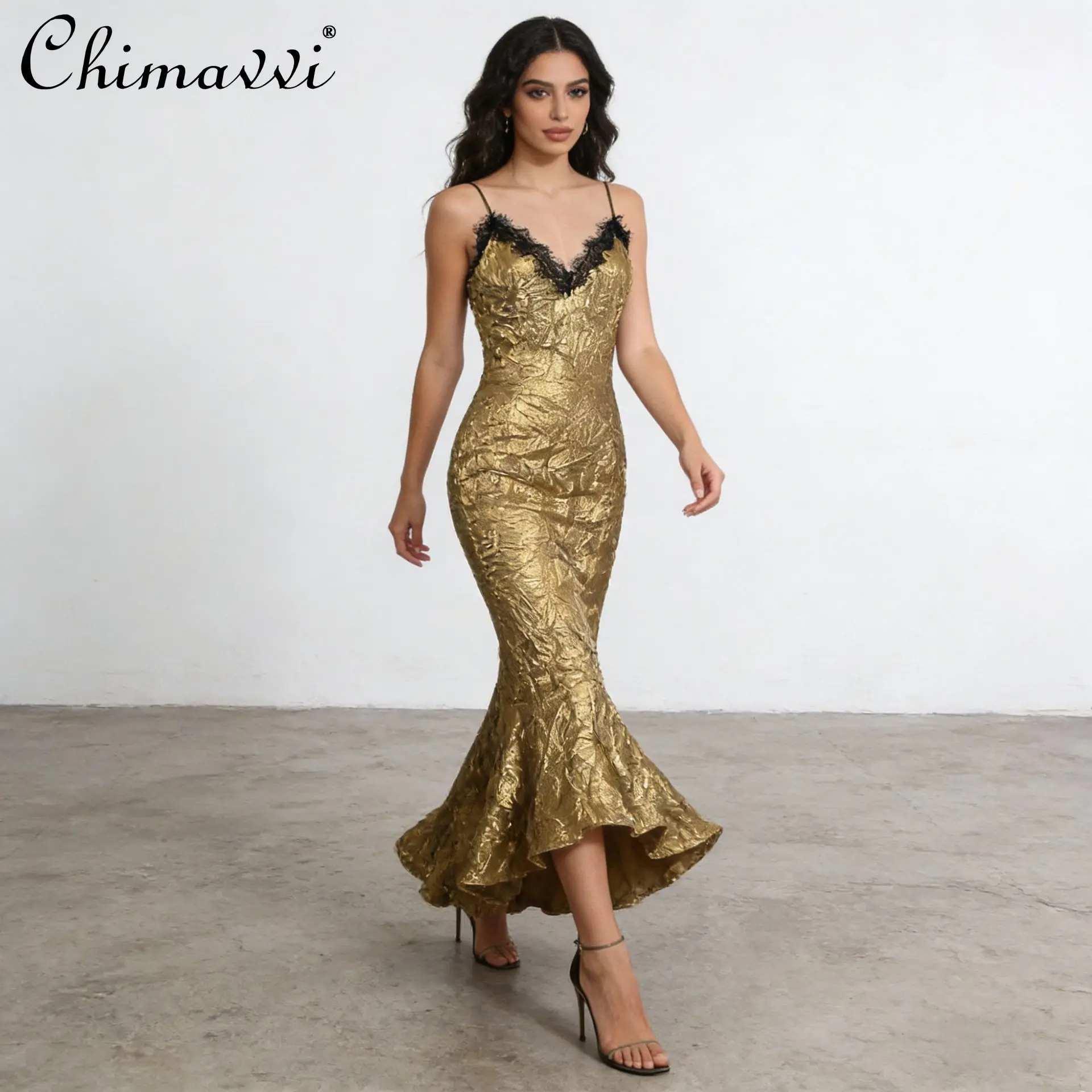 

French Elegant Sexy Lace Spliced Deep V-neck Long Evening Dress Sleeveless High Waist Slim Gold Fishtail Dress Women Summer 2026