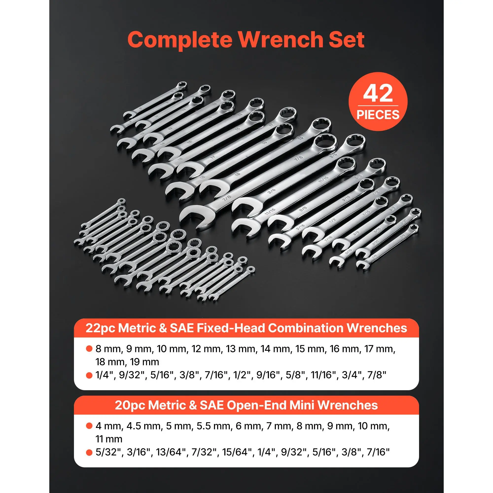 Combination Wrench Set, 42-Piece SAE and Metric, 12-Point Box End 15° Angled Open with Roll Up Pouch, Carbon Steel, for General