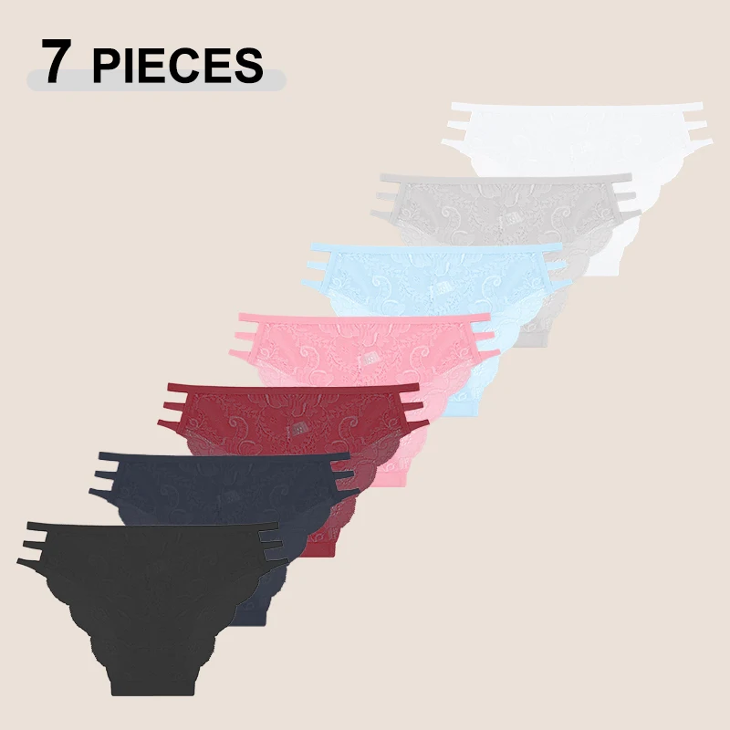 

7PCS/Set Women Floral Lace Panties Sexy Low-Waist Briefs Female Hollow Out Breathable Underwear Cotton Soft Lingerie Solid Color