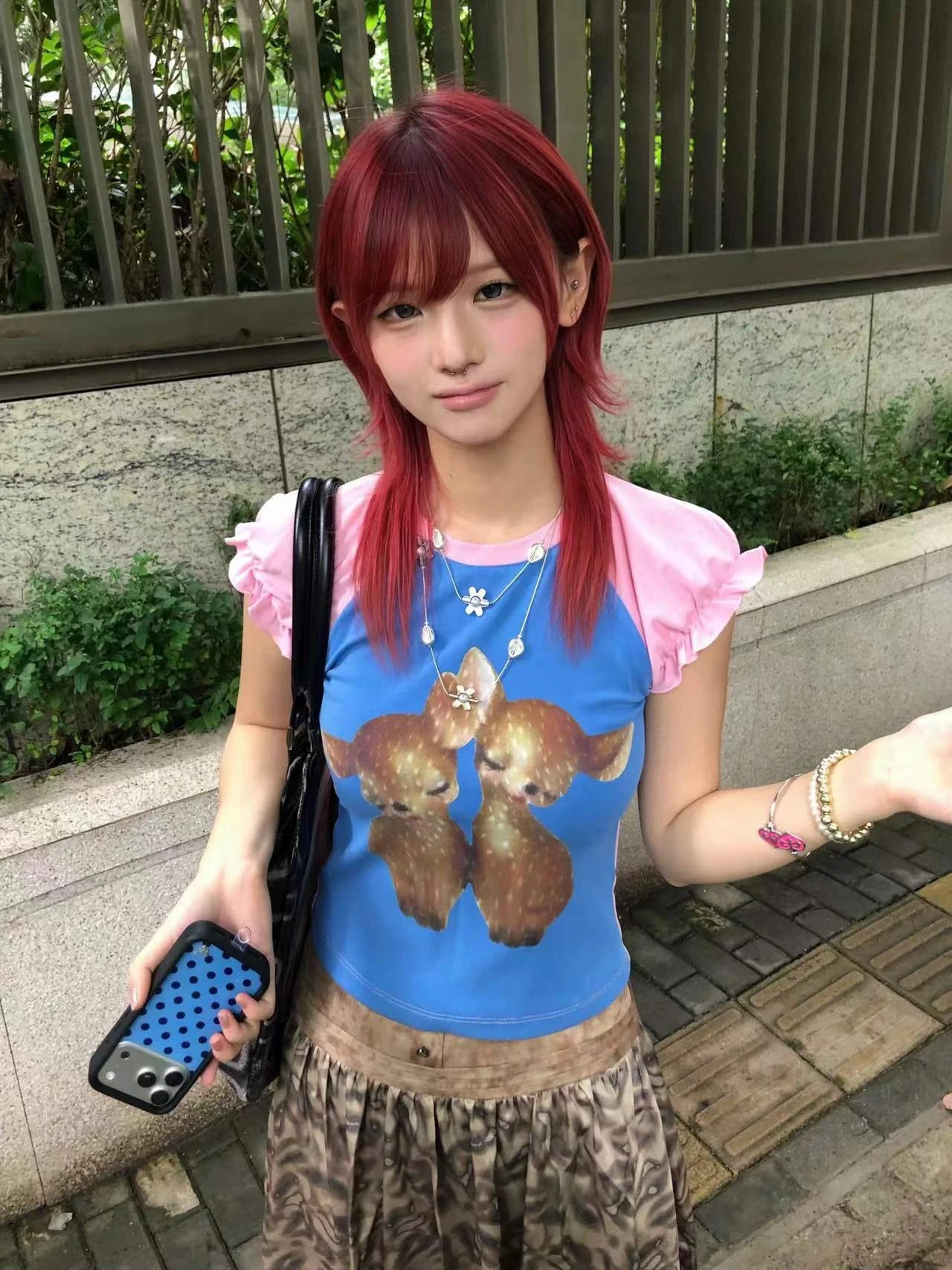 Karrram Japanisches Y2k-T-Shirt mit Hirschmuster, 2000er-Jahre-Cutecore-Kurzarm-Patchwork-Tops, Vintage-Harajuku-T-Shirt mit Puffärmeln, Kawaii – Detail 8