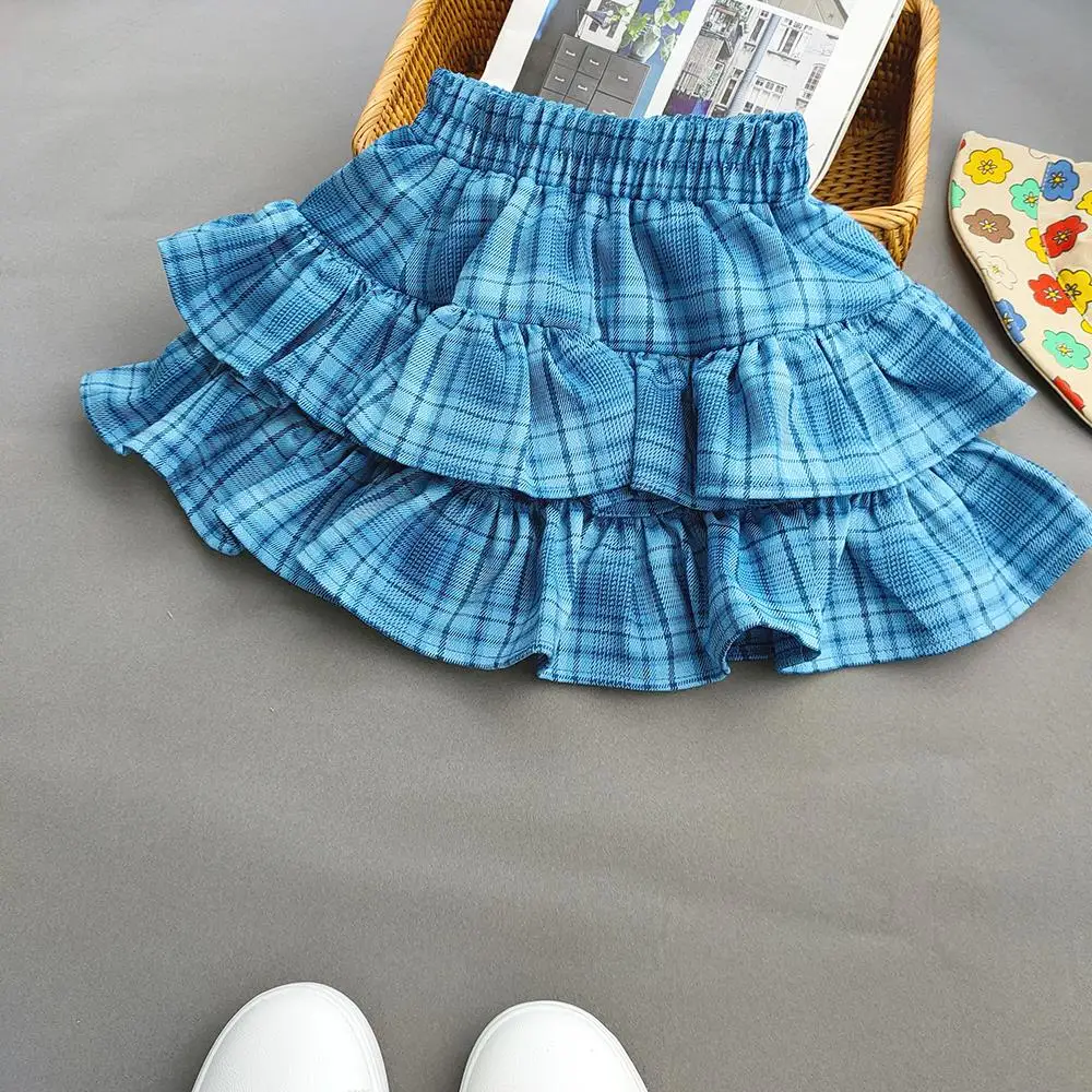 Plaid Ruffled Kids Baby Girls Cake Skirts Princess Ball Gown Pleated Tutu Skirts for Summer Autumn Children\'s Short Skirt